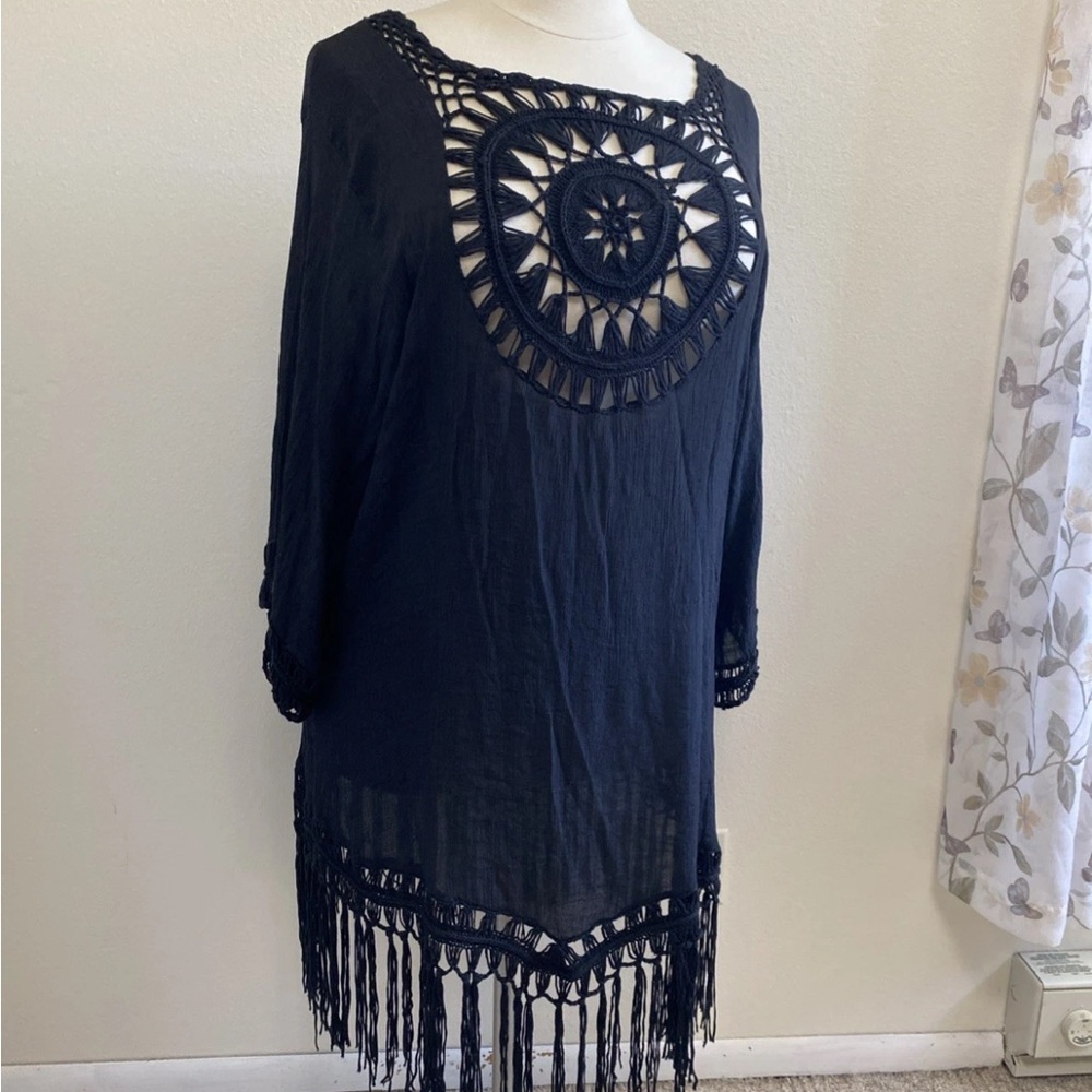 Black Crochet Plus Size Swimsuit Beach Cover with Fringe